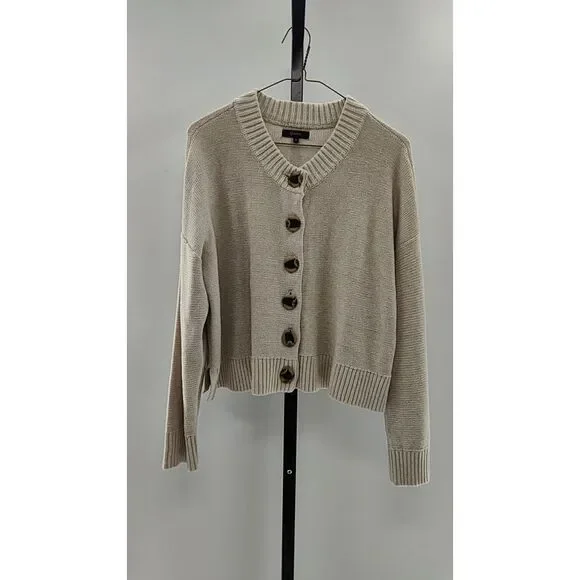 Quince Women 100% Organic Cotton Cropped Cardigan Speckled Beige M - Picture 1 of 2